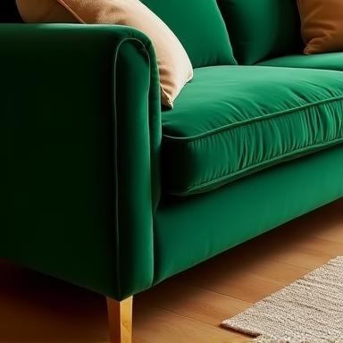 Classic handmade sofa in lush green velvet with brass feet