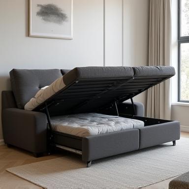 Convertible sleeper sofa in charcoal fabric, perfect for small apartments