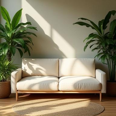 Handmade eco-friendly sofa in natural cotton fabric, surrounded by plants
