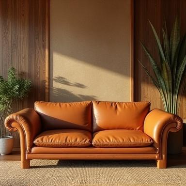 Handmade rustic chic sofa in caramel leather surrounded by earthy decor