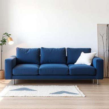 Modern square-shaped sofa upholstered in deep blue linen, minimalist room style