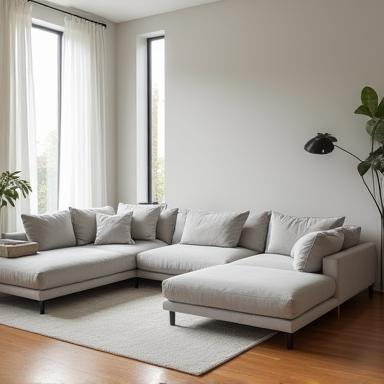 Large L-shaped sectional handmade sofa in soft gray fabric