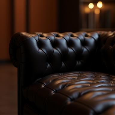 Elegant handmade and button-tufted sofa in dark leather, luxury home setting