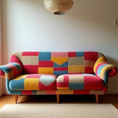 Vintage-inspired patchwork handmade sofa with vibrant multicolor squares
